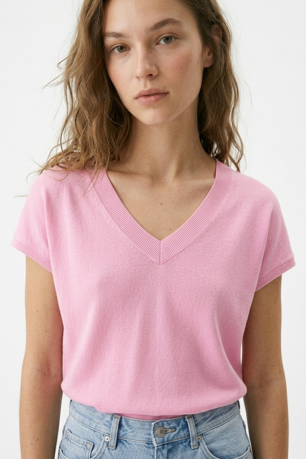 Top en tricot à manches courtes rose