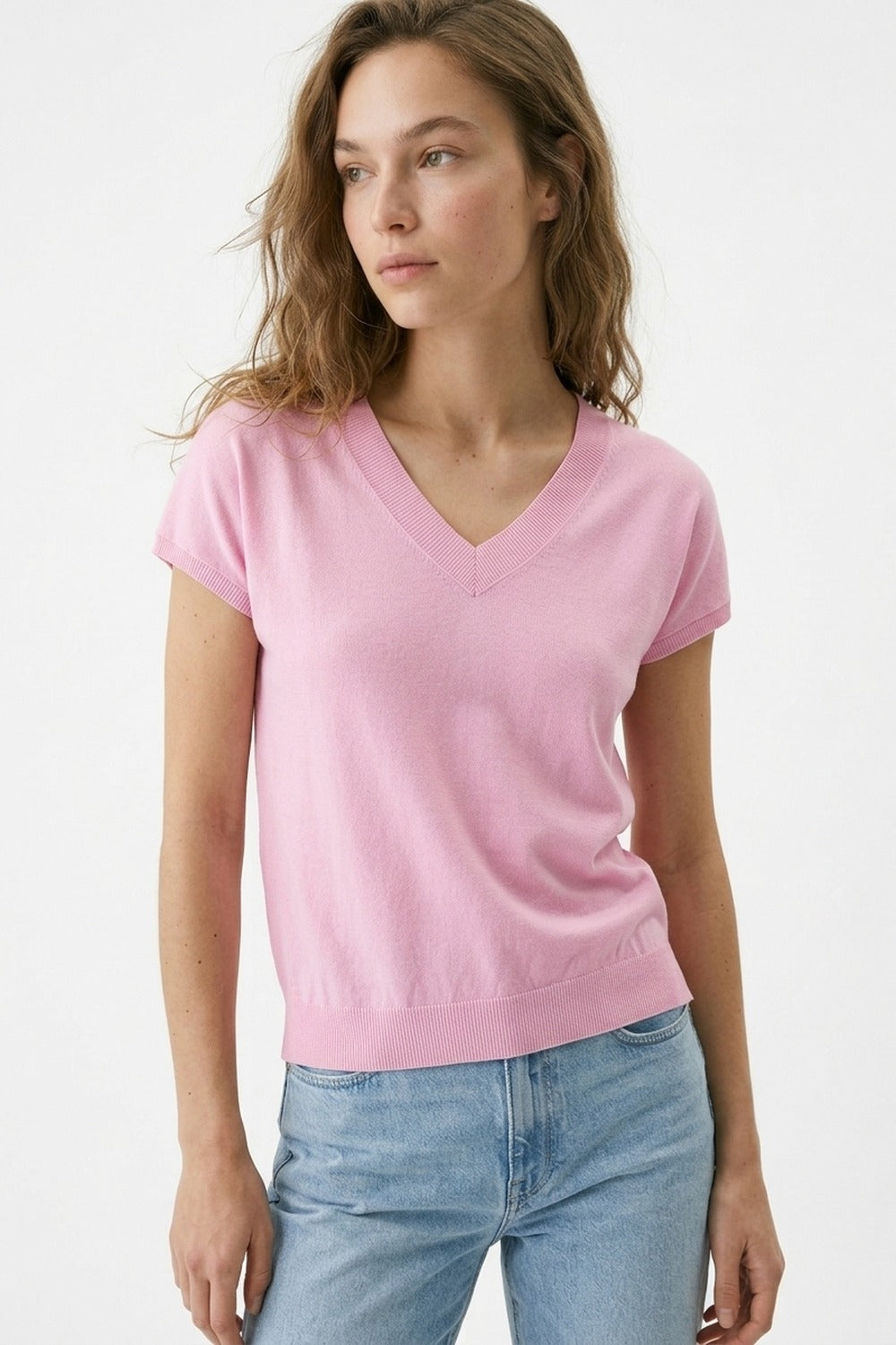 Top en tricot à manches courtes rose