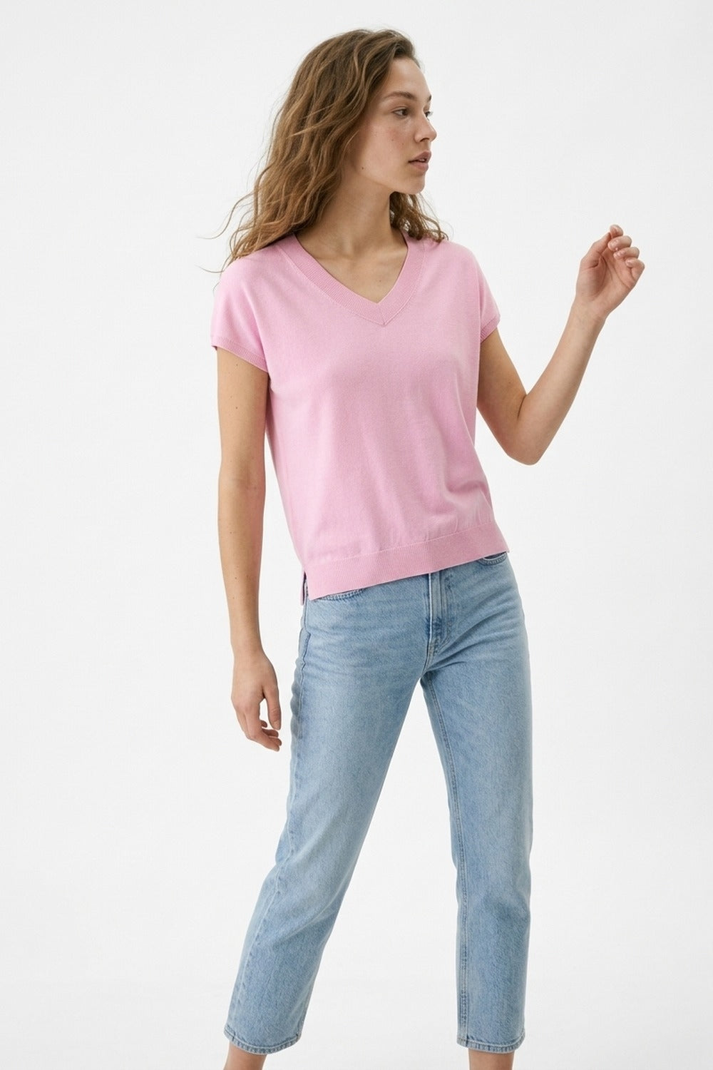 Top en tricot à manches courtes rose