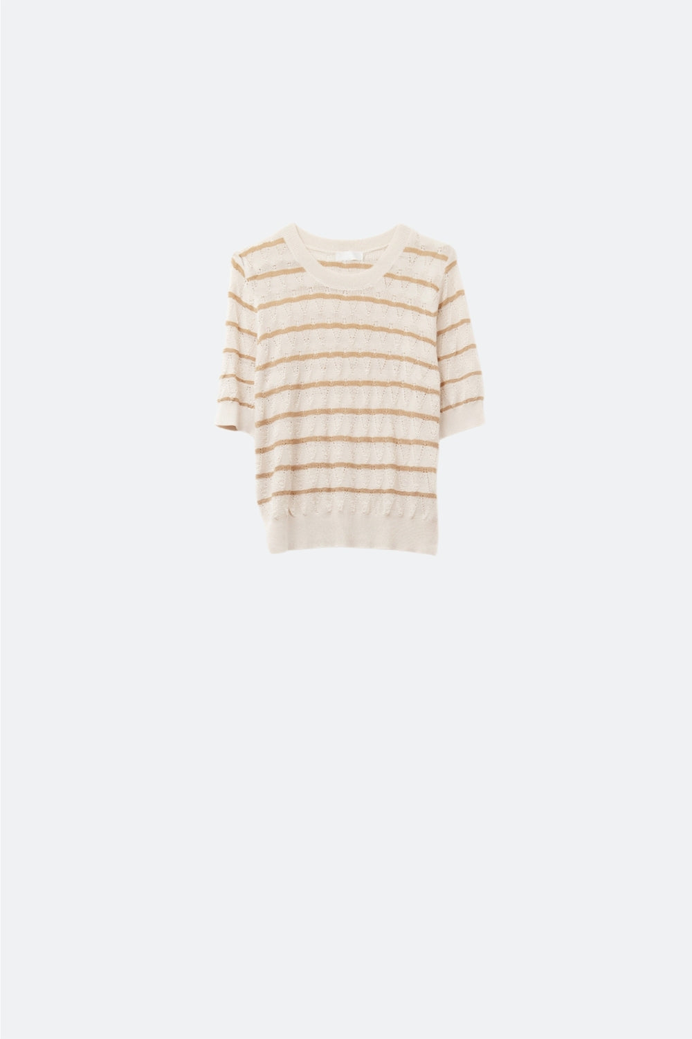 Q2 Top en tricot ajouré beige avec manches courtes et rayures dorées