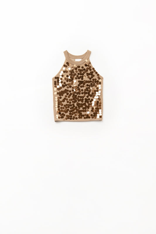 Q2 Top en tricot camel avec détails en paillettes
