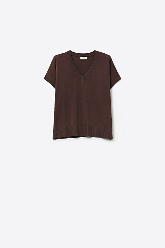 Q2 Top en tricot fin et léger avec col en V large marron