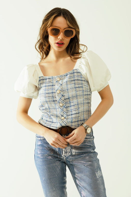 Q2 Top en tweed bleu avec manches courtes volumineuses et boutons en perles