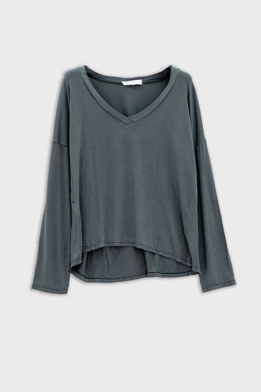 Q2 Top gris à manches longues et col en V en modal