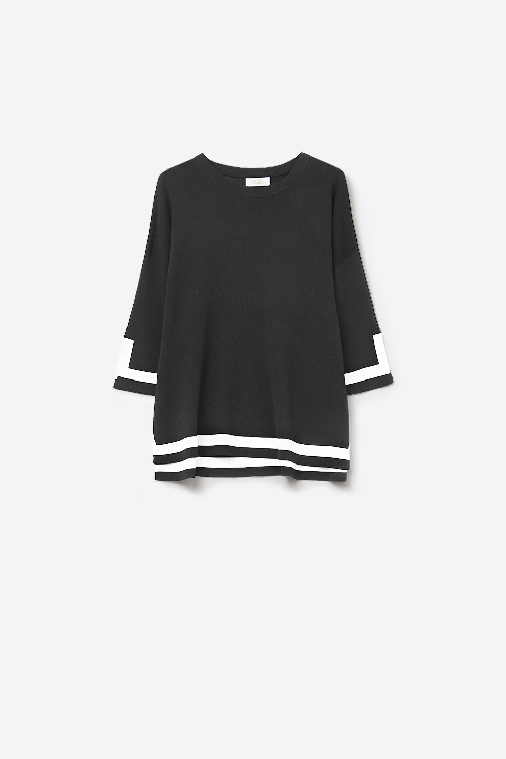 Q2 Top noir en maille fine avec rayures contrastées en blanc et manches 3/4