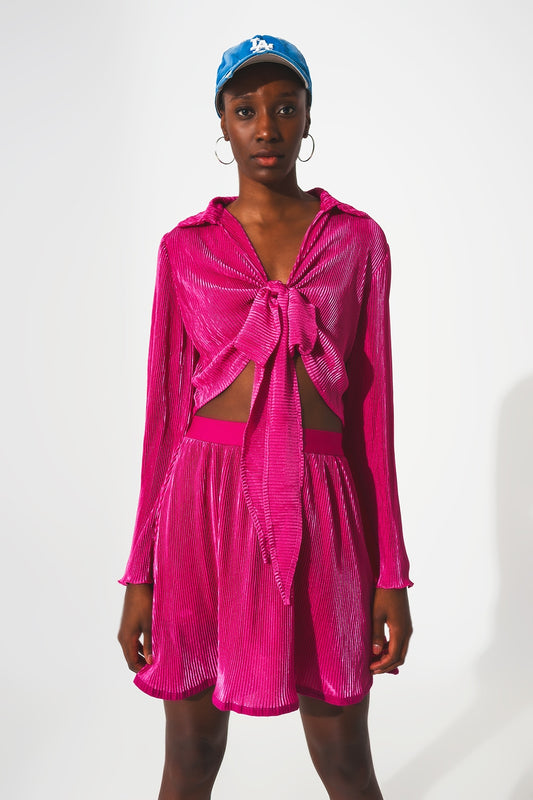 Q2 Top plissé à nouer devant en Fuchsia