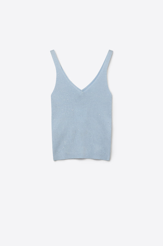 Q2 Top sans manches à col en V en maille fine bleu clair avec détails pailletés