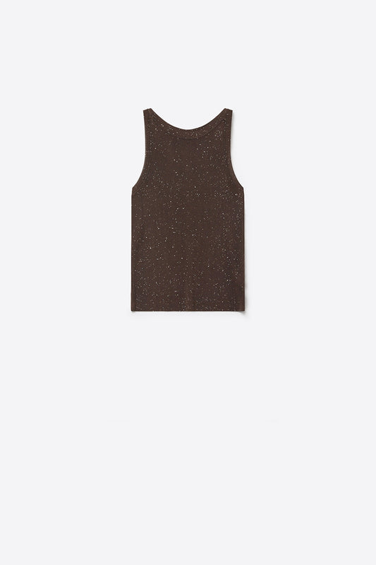 Q2 Top sans manches en maille fine à paillettes de couleur marron