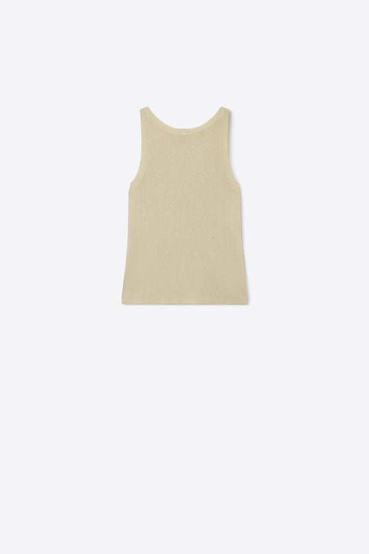 Q2 Top sans manches en maille fine beige à paillettes subtiles