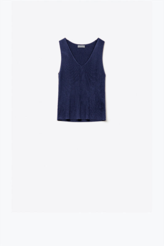 Q2 Top sans manches en maille fine bleu marine avec col en V