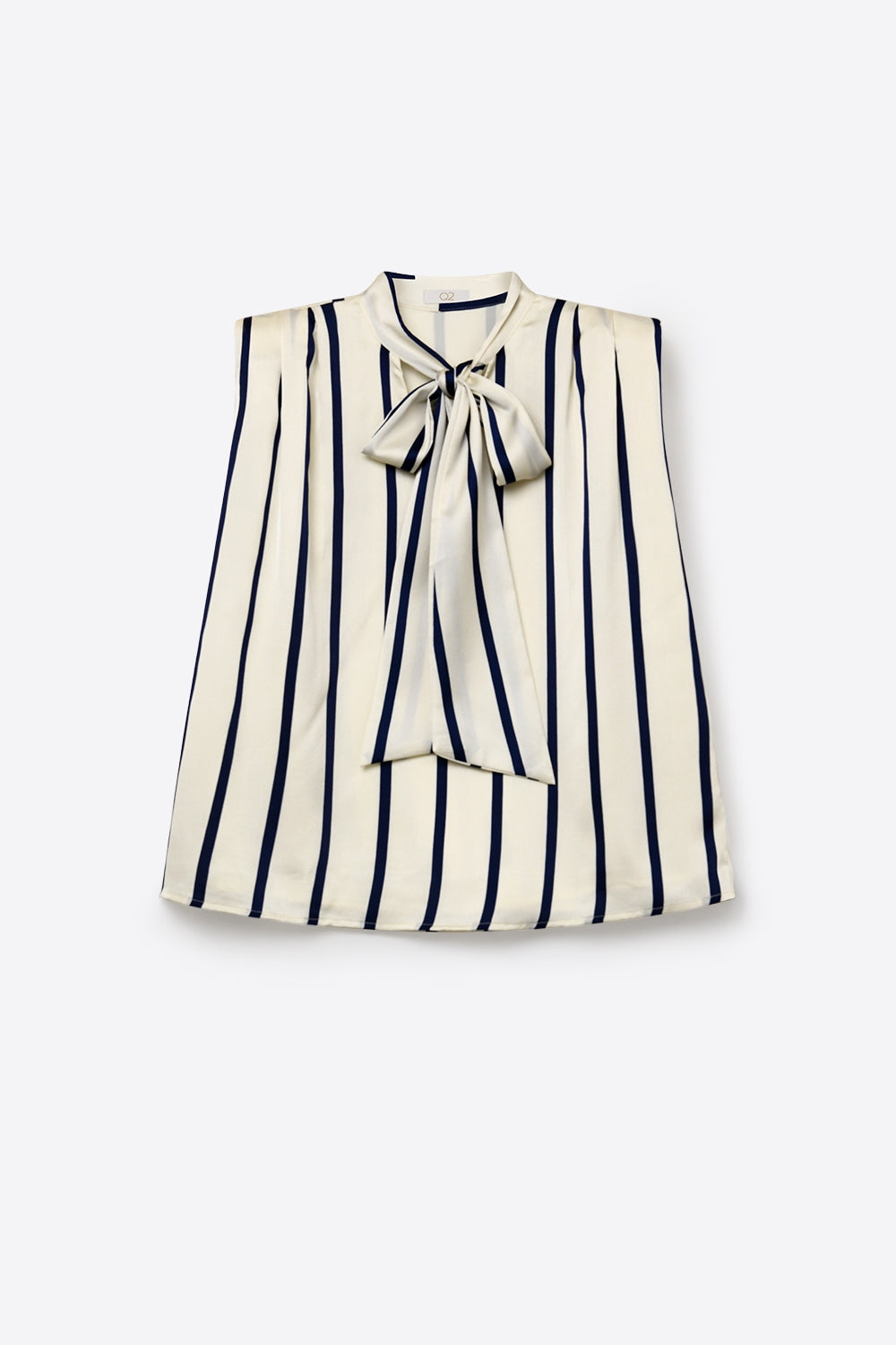 Top sans manches en satin à rayures crème avec col nœud
