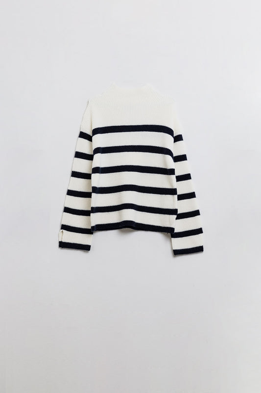 Q2 Tricot côtelé en jersey crème avec rayures marines