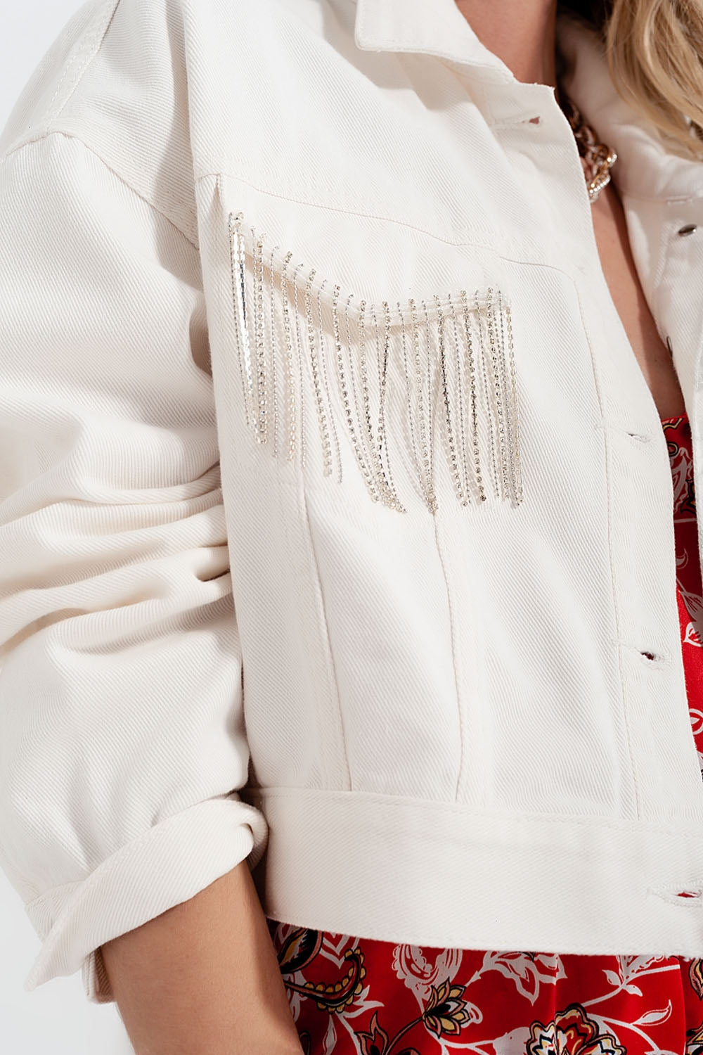 Veste blanc en jean  à franges ornées de strass