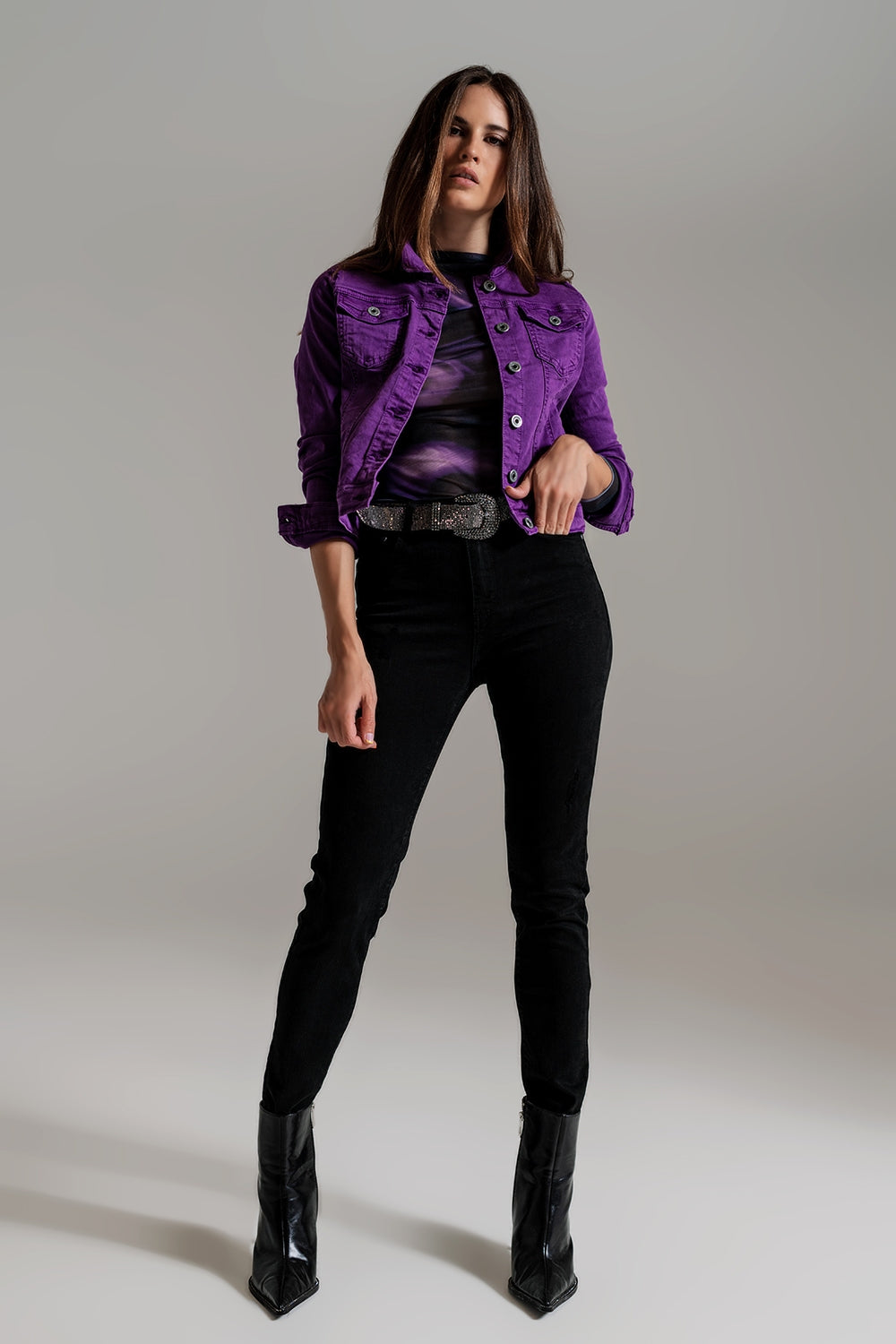 Veste camionneur ajustée en jean violet