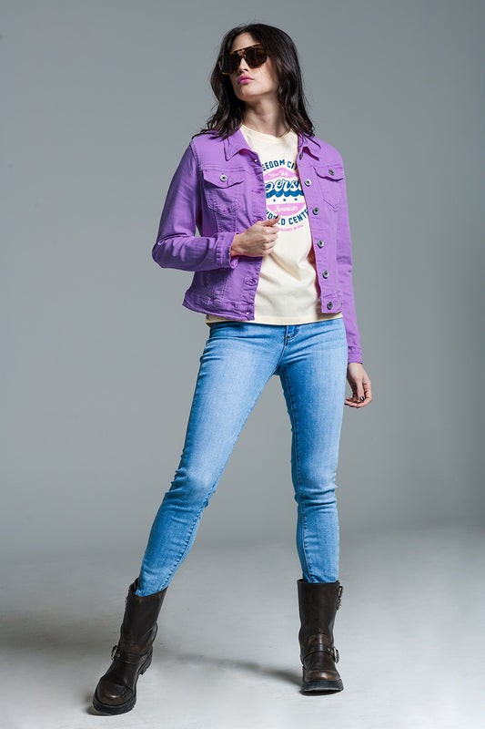 Q2 Veste camionneur en denim slim en lilas