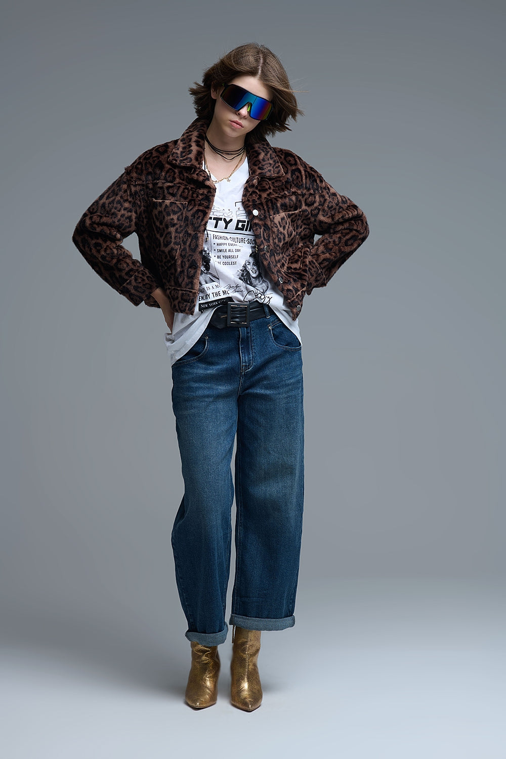 Veste courte boutonnée en faux duvet à imprimé léopard audacieux