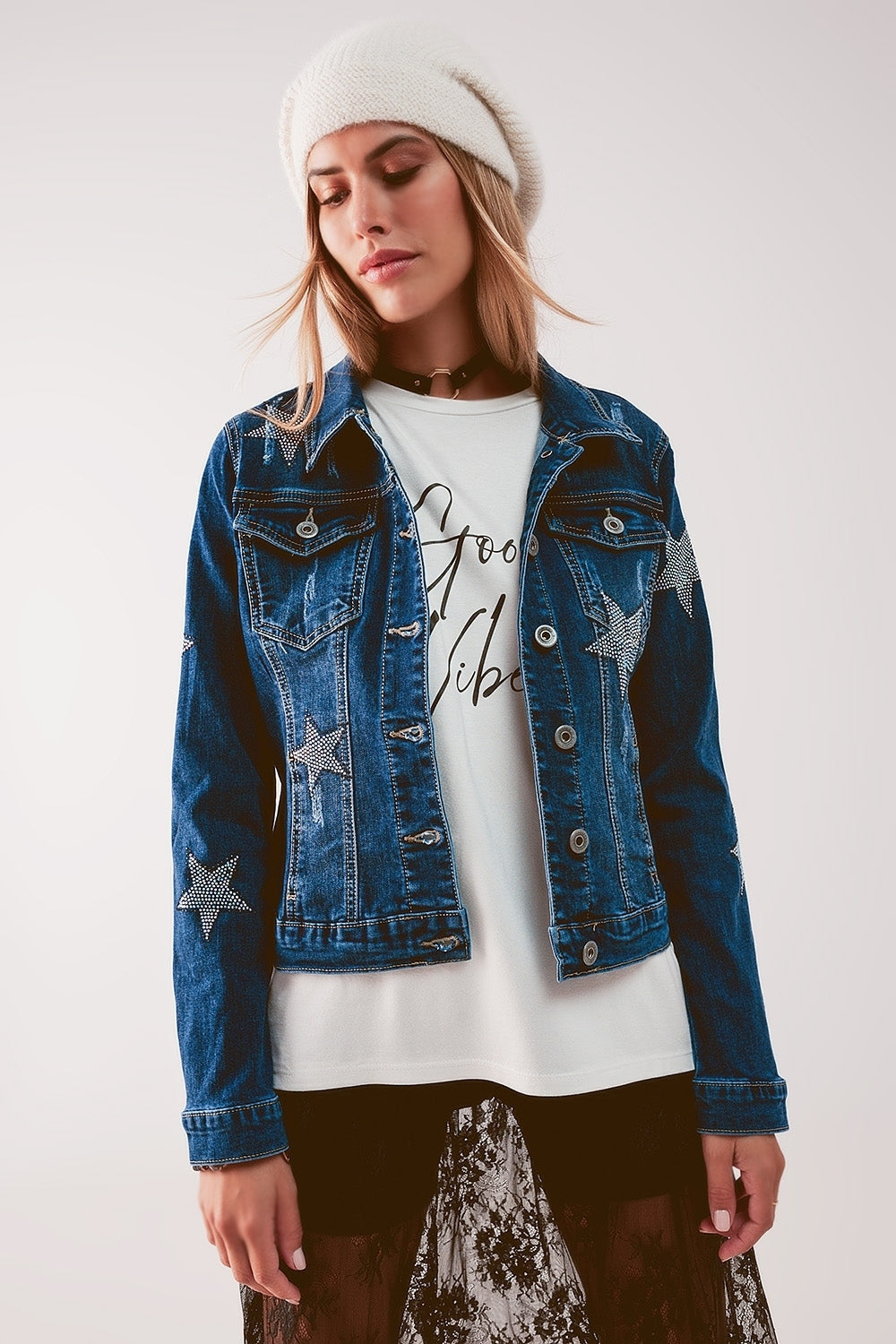 Veste en denim avec embellissement étoilé en midwash