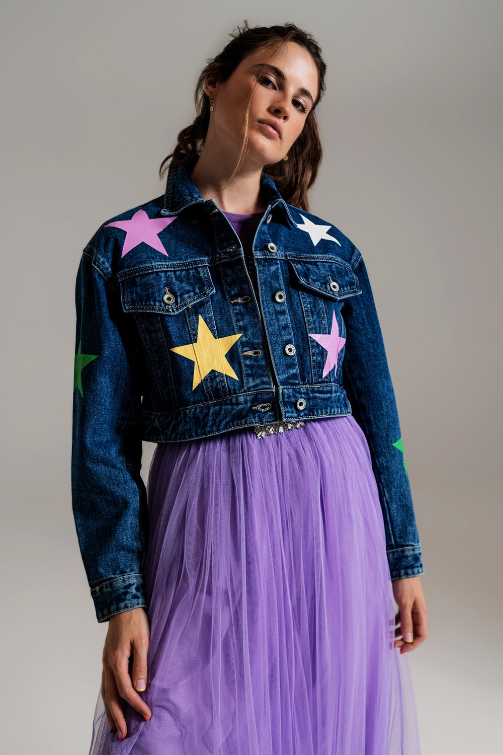Q2 Veste en denim avec imprimé d'étoiles multicouleures