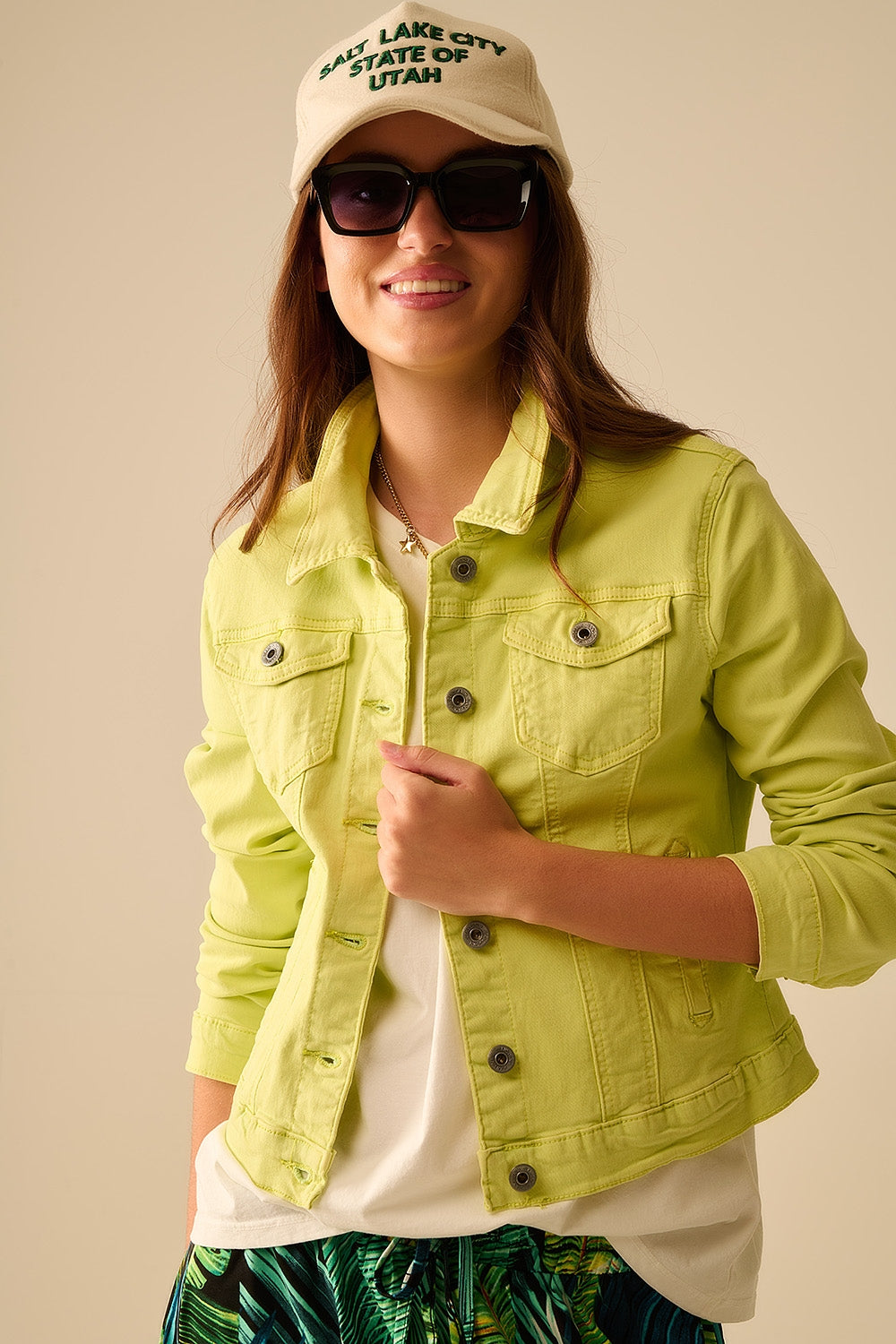 Veste en denim basique élastique avec poches en vert citron