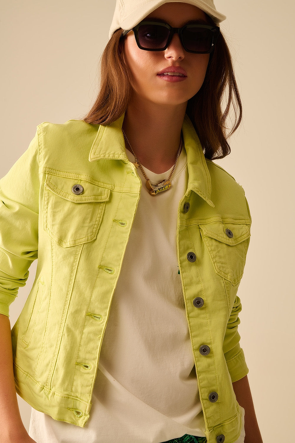 Veste en denim basique élastique avec poches en vert citron