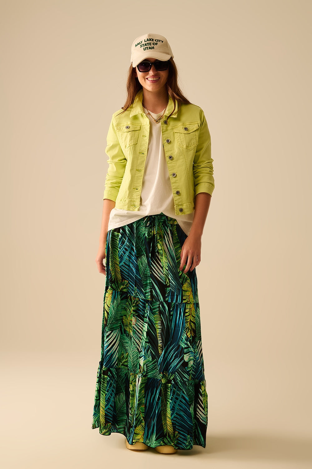 Veste en denim basique élastique avec poches en vert citron