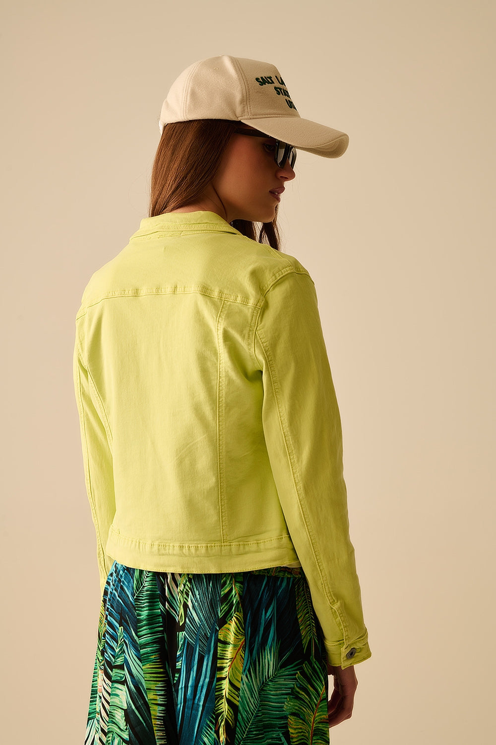 Veste en denim basique élastique avec poches en vert citron