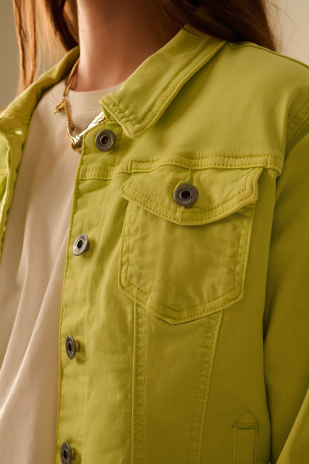 Veste en denim basique élastique avec poches en vert citron