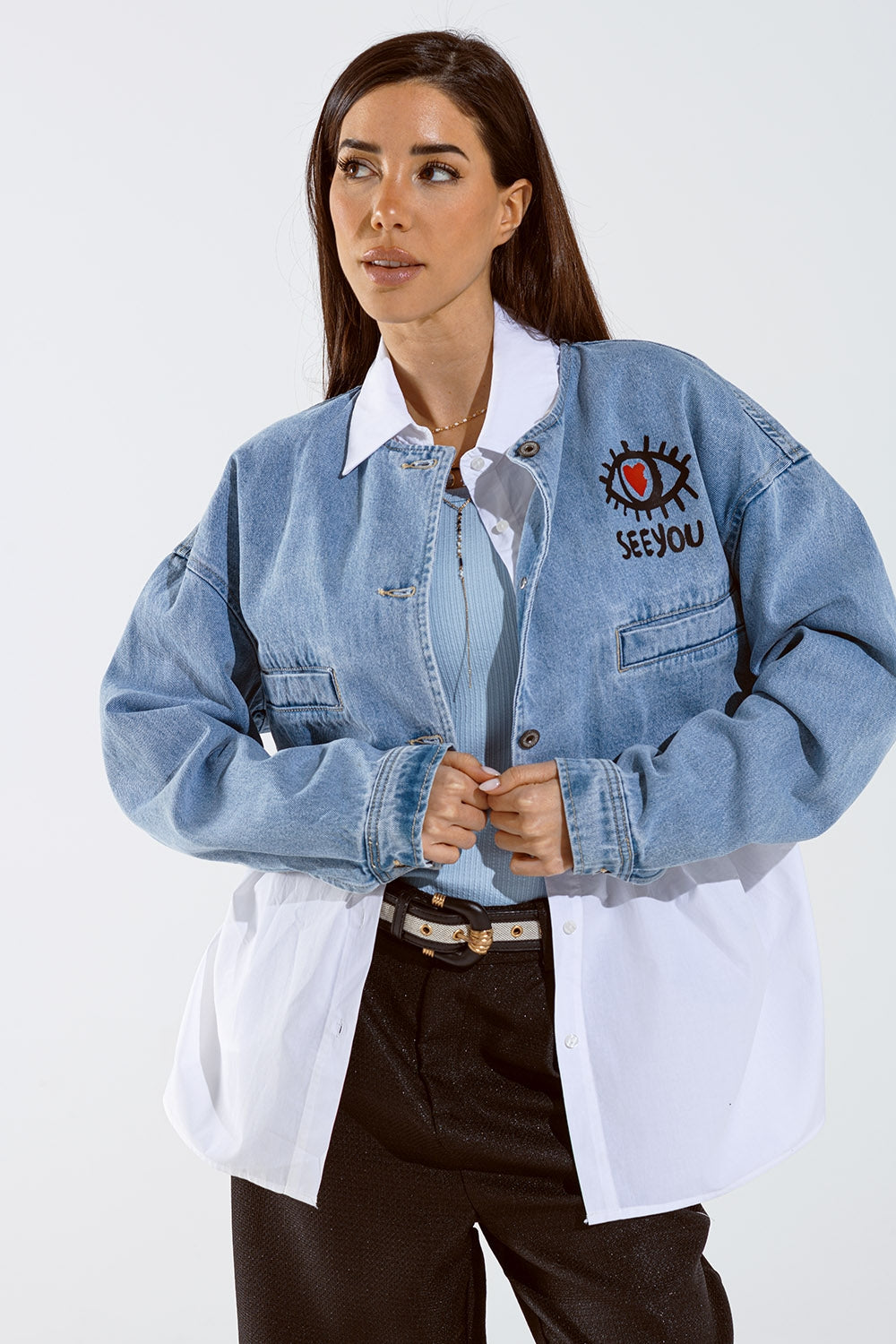 Veste en denim courte avec imprimé peint à la main sur le devant et dans le dos