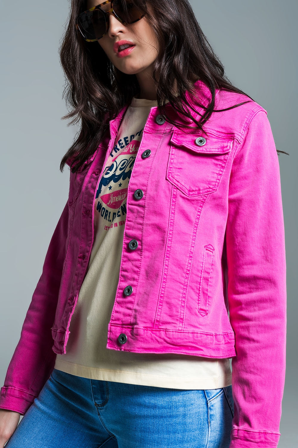 Veste en jean basique avec poches en rose