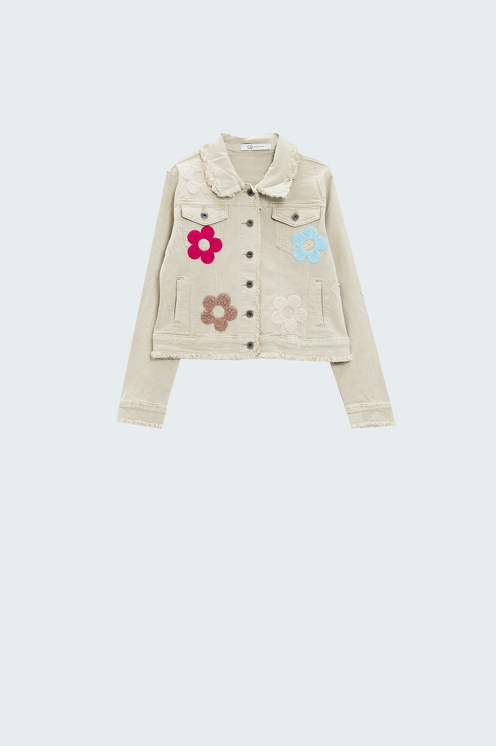 Veste en jean beige avec fleurs brodées