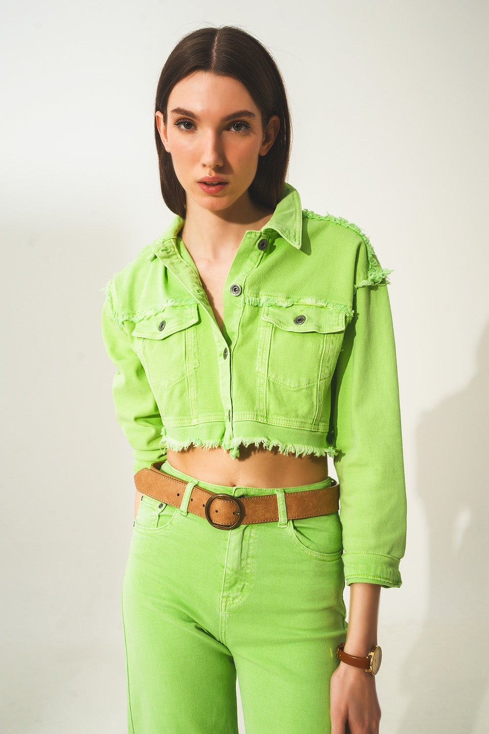 Q2 Veste en jean courte style trucker vert acide