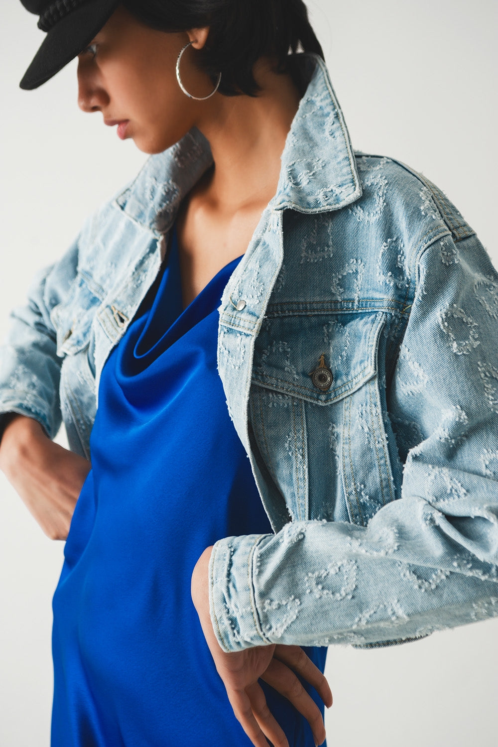 Veste en jean oversize à ornements bleu délavé clair