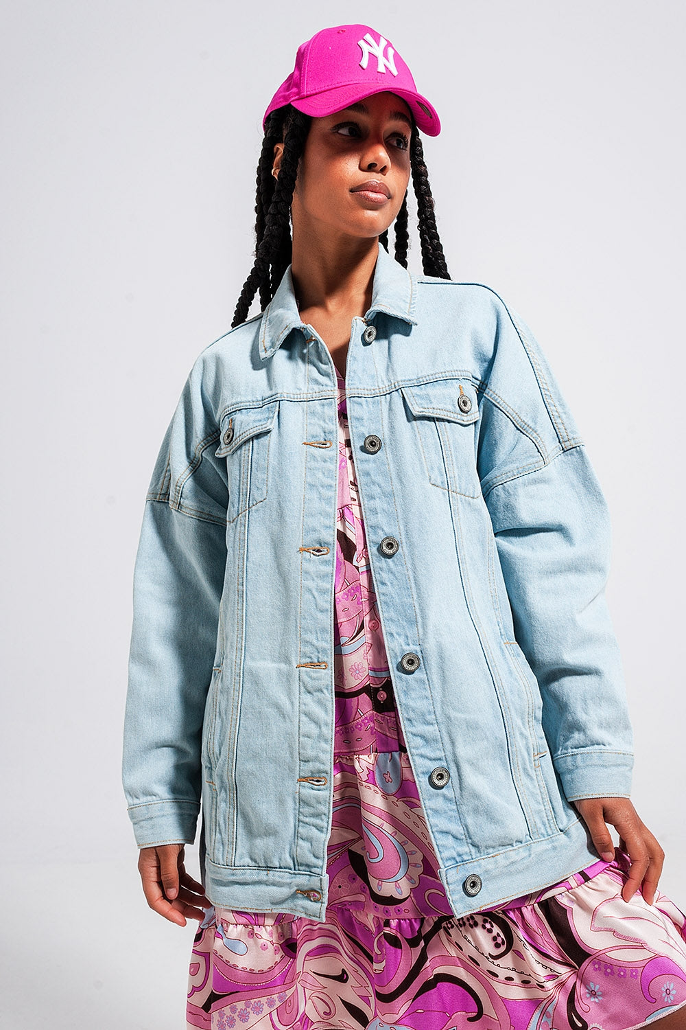 Veste longue en jean à ceinture Bleu clair délavé