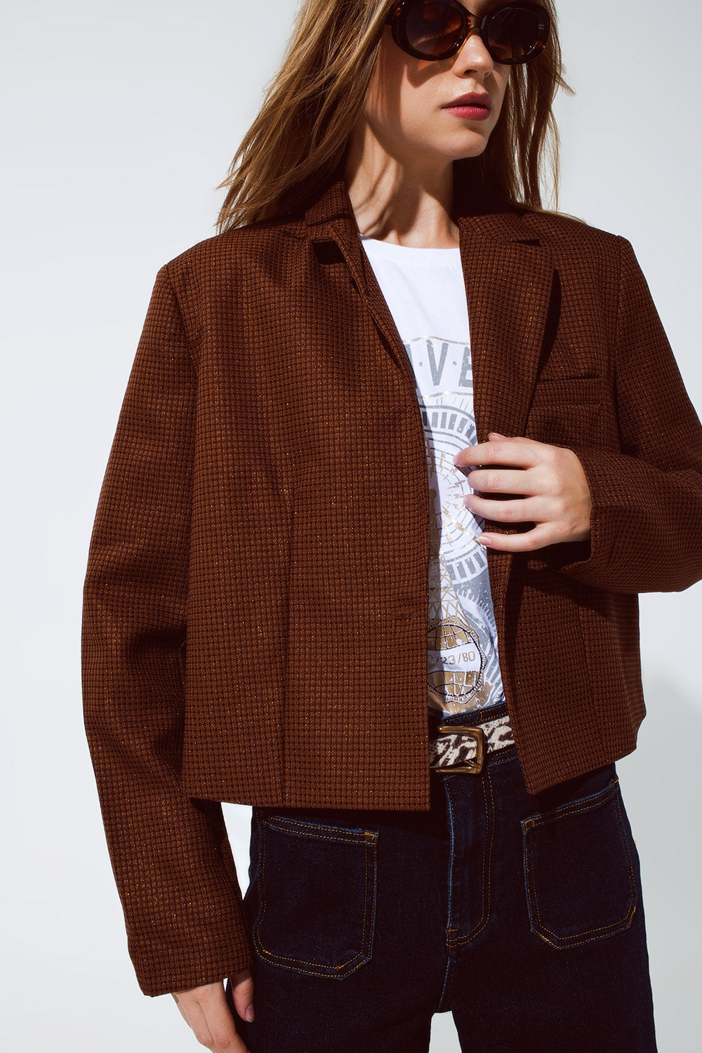 Veste oversized à carreaux avec détails métalliques en marron