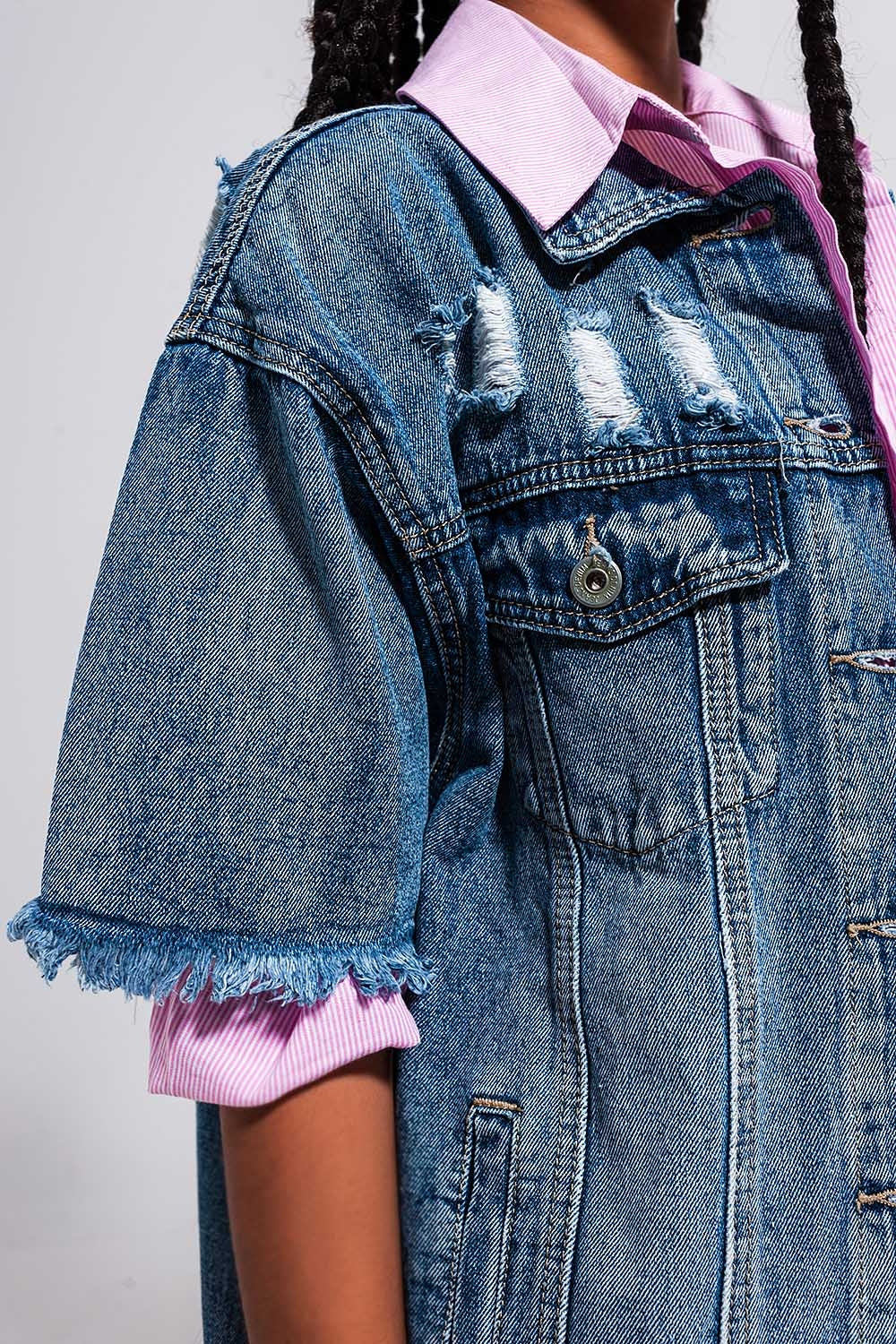 Veste oversize en jean effet vieilli à manches courtes