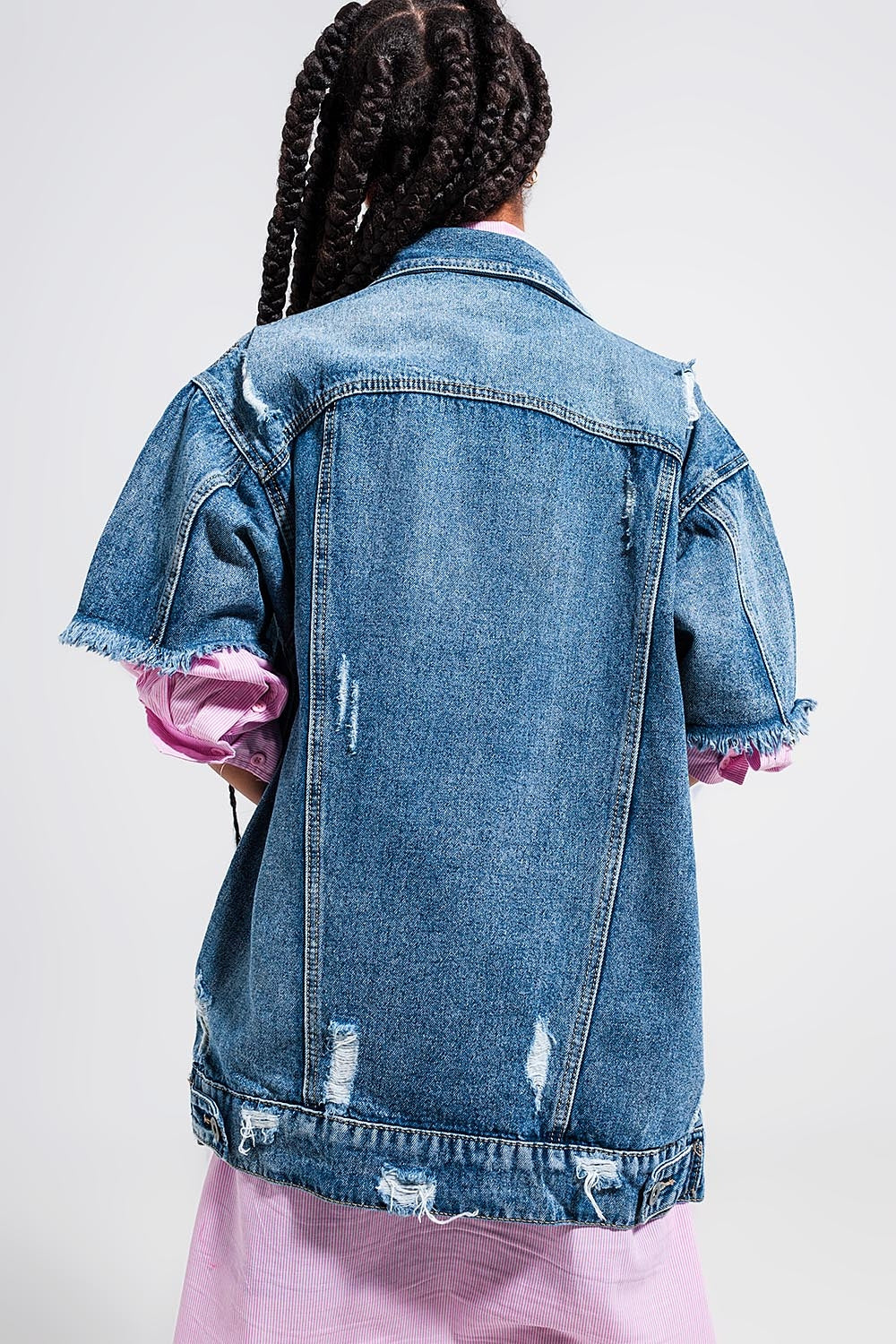 Veste oversize en jean effet vieilli à manches courtes