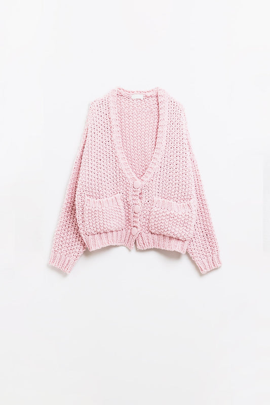 Q2 Veste oversize en maille épaisse rose avec poches