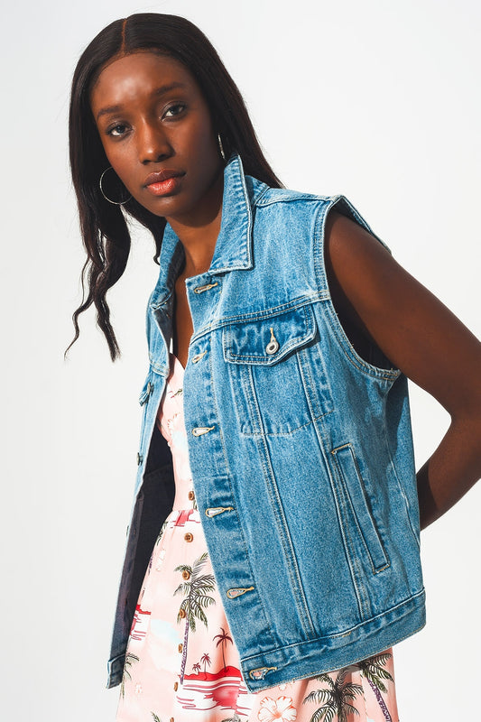 Q2 Veste sans manches en denim de coton Bleu années 70